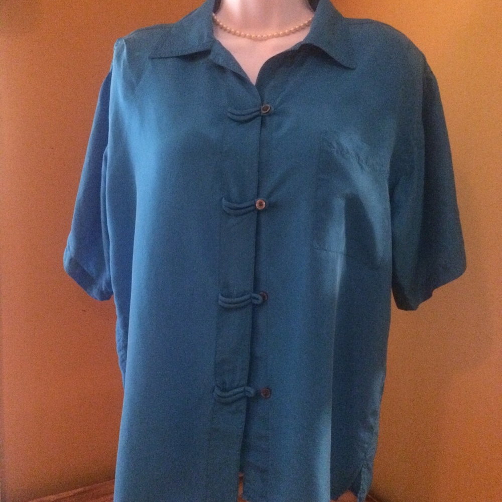 Blue 100% Silk Blouse Sz M